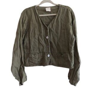 VINTAGE TOM TOM USA 100% Linen Cropped Blazer Jacket Khaki Green Lagenlook S